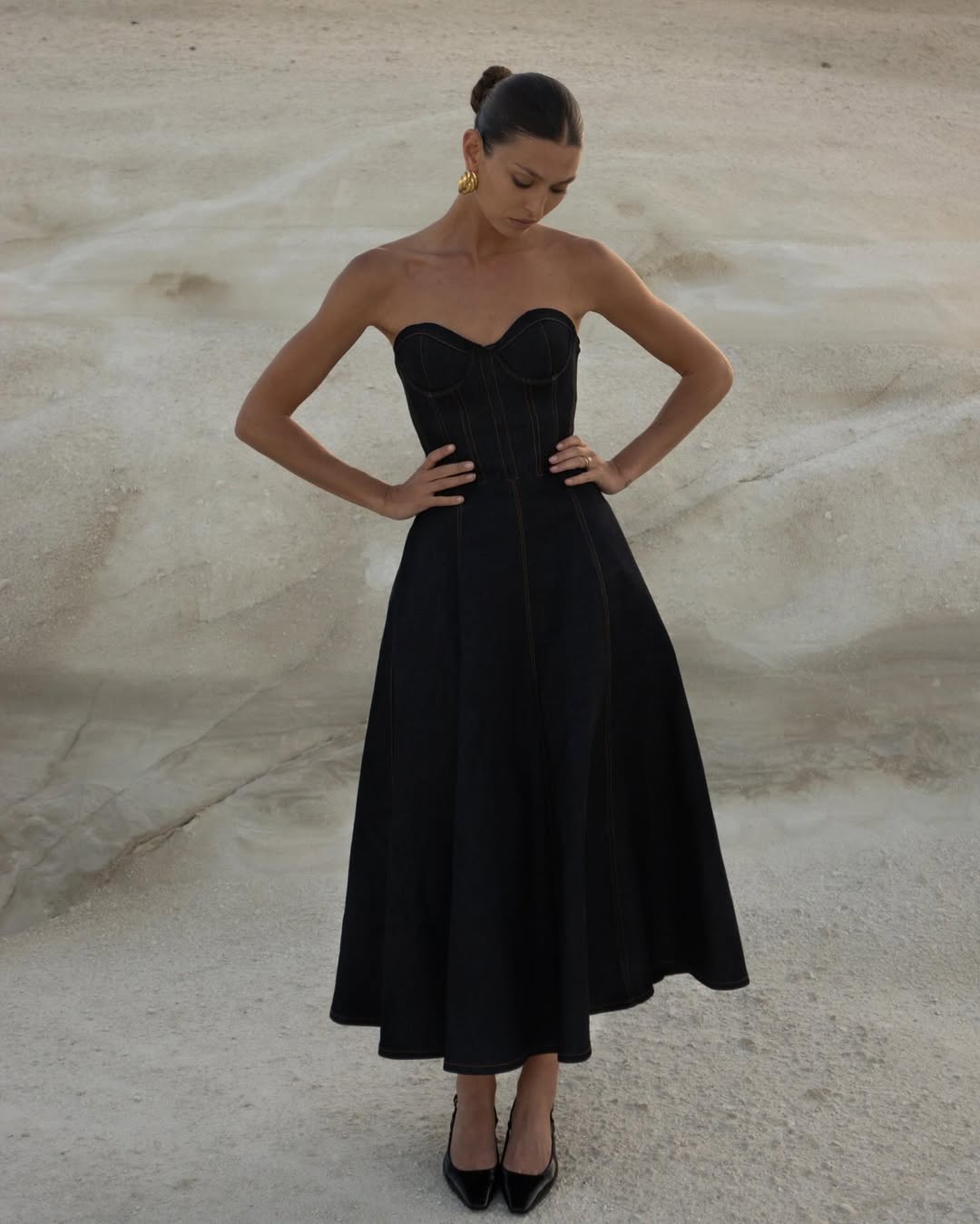 denim midi dress strapless SAU LEE Brooklyn Denim Midi Dress, Dark Denim