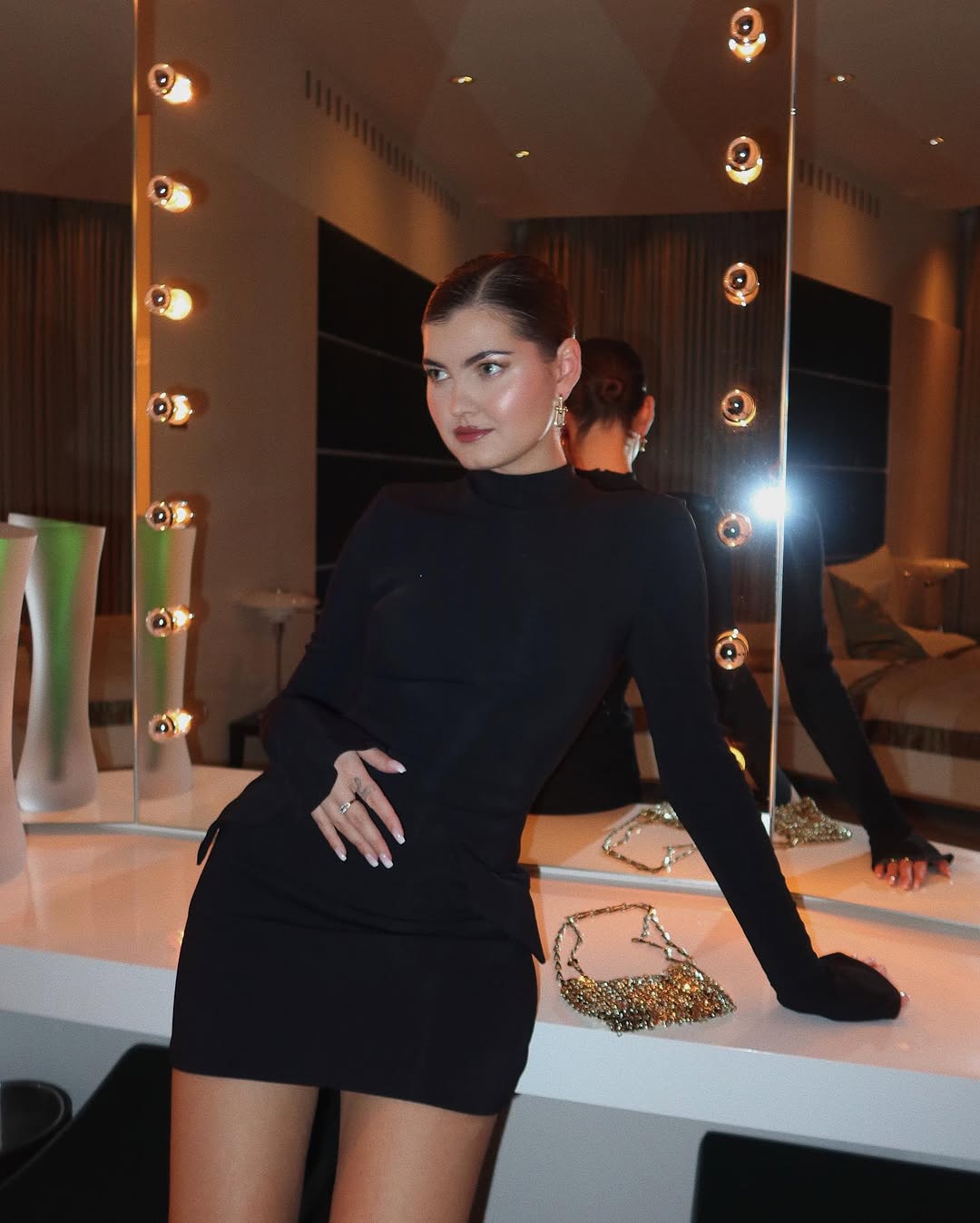 aexae contoured turtleneck mini dress AEXAE - Wool Contoured Turtleneck Long Sleeve Mini Dress