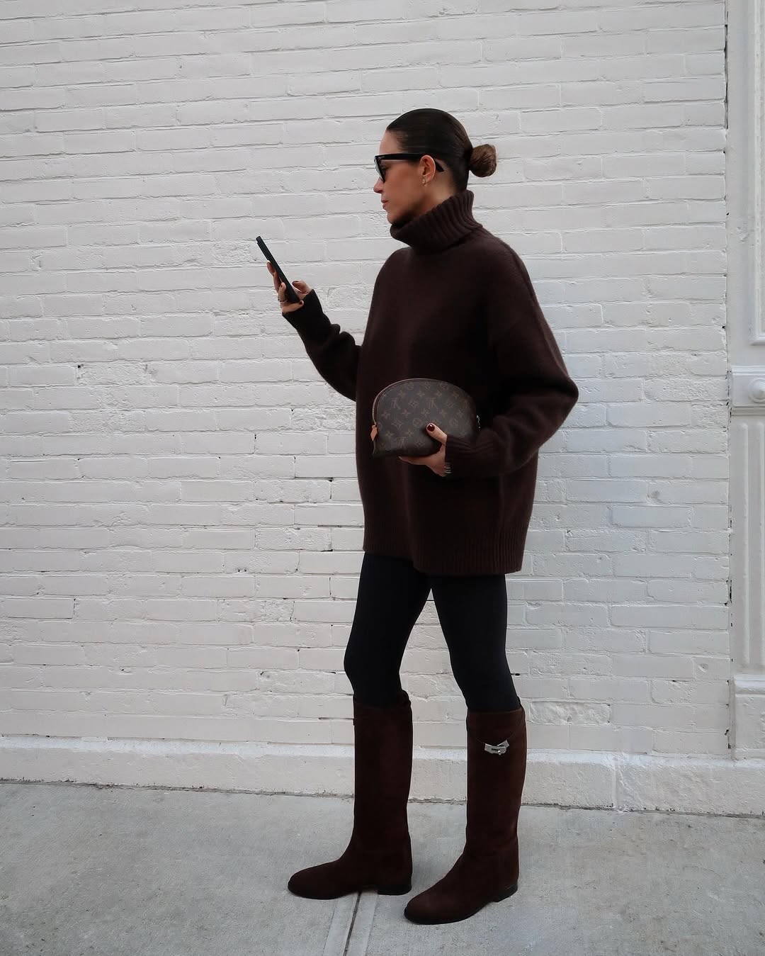 high boots outfit ideas dark brown suede tall boots Dorothee Schumacher Suede Softness knee-high biker boots Plush
