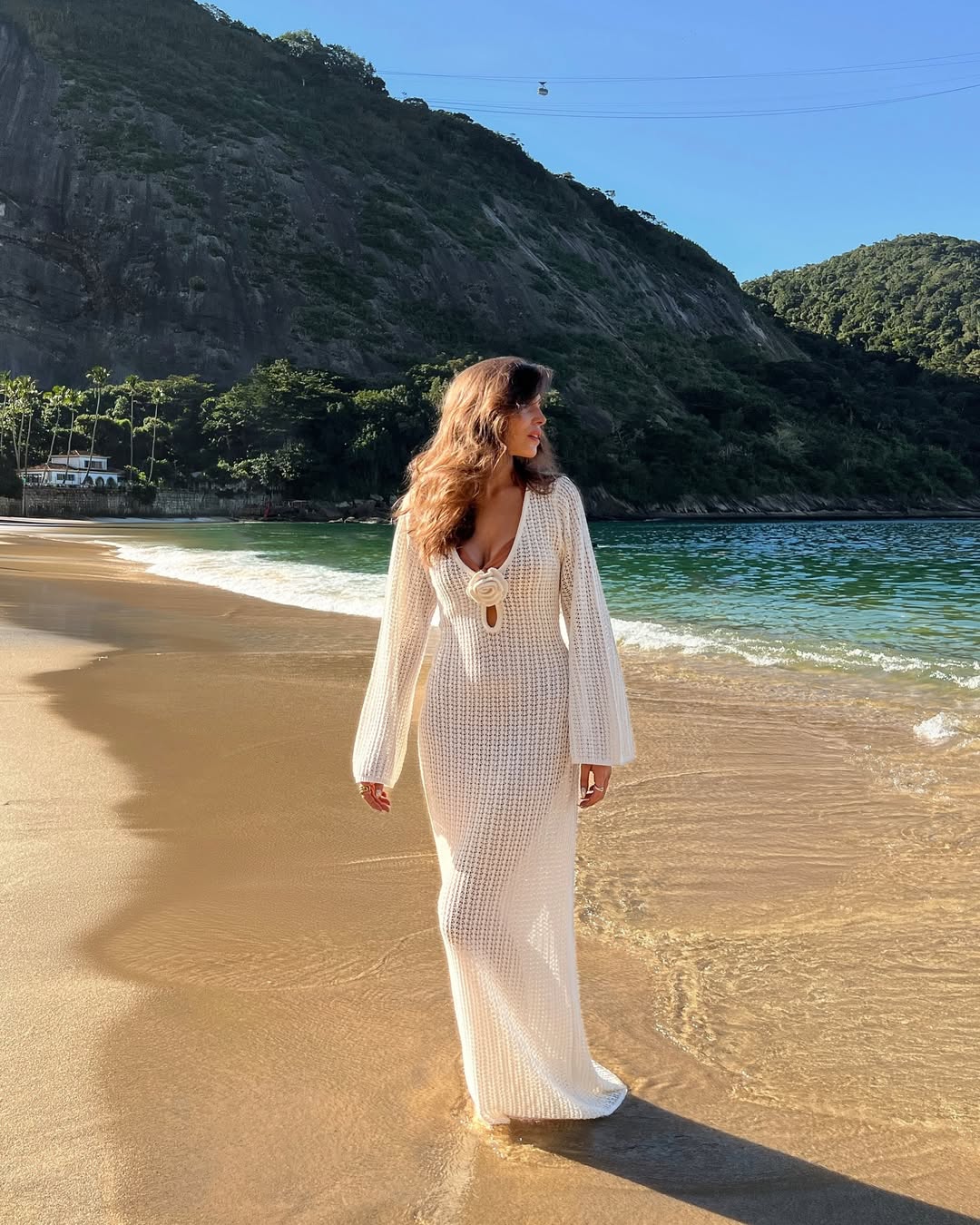 knit white midi dress Clothilde White Shirred Crochet Knit Midi Dress