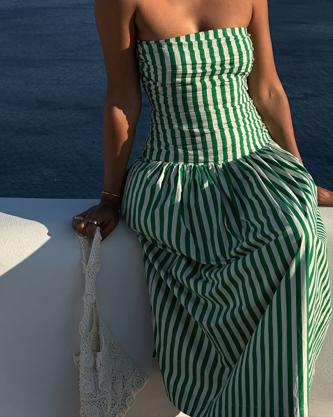 knee length dresses for ladies Bartlett Striped Smocked Midi Dress Blue-White / M by Sugarlips main image 0